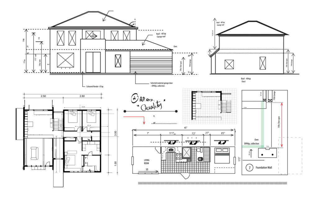 Architectural plans with floor layouts, elevations for vastu