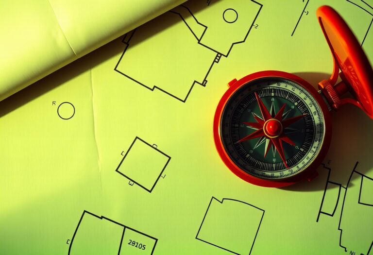 Compass on architectural plans for Vaastu plot planning