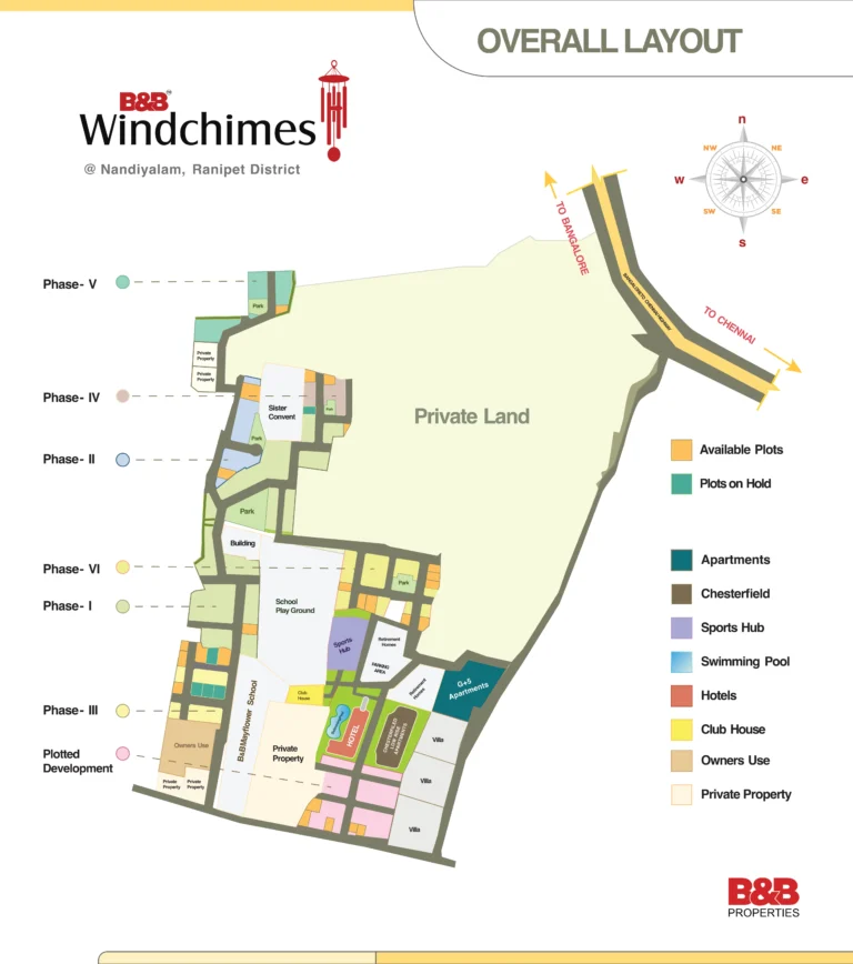 Wind Chimes layout map with phases, plots, apartments, hotels, and villas.